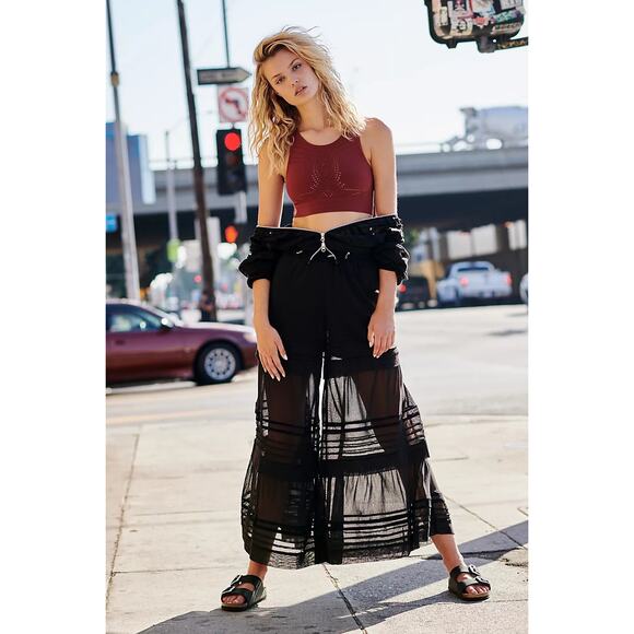 Free People Movement Pippa Black Mesh Tiered Wide Leg Pants Size Small - Picture 1 of 16